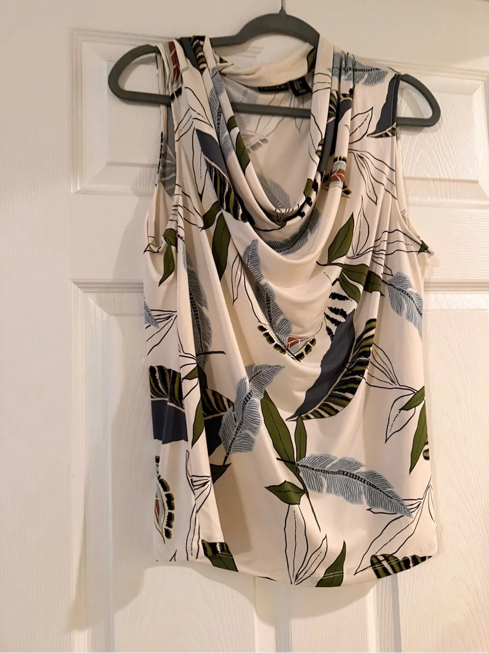 Tahari Cream Botanical Cowl Neck Sleeveless Top